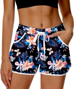 Damen Badehose Sommer Badeshorts High Waist Boardshorts mit Bund und Taschen