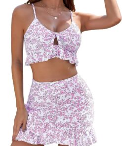 Damen Bikini Rock Set Cropped Oberteil High Waist Bauchweg Baderock Bademode Mit Innenslip Schwimmrock