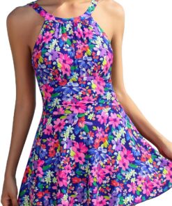 SHEKINI Damen Elegant Einteiliger Badeanzug Rückenfrei Schwimmkleid Ruched Retro Bauchweg Bauchkontrolle Badekleid für Damen