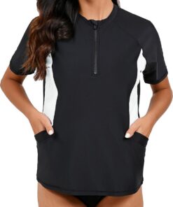 Halcurt UV Shirt Damen mit BH und Tasche 1/4 Zip Rash Guard UPF 50+ S-XXL | Sonnenschutz Schwimmshirt Kurzarm, Atmungsaktiv, Nur Schwimmoberteil, Raglan Ärmel