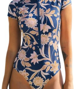 CUPSHE Badeanzug Damen High Neck Kurzarm Reißverschluss Vorne Sportlich | Hoher Ausschnitt,Bequeme Passform, Für Strand und Pool,Bademode Swimsuit