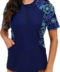 Halcurt UV Shirt Damen mit BH und Tasche 1/4 Zip Rash Guard UPF 50+ S-XXL | Sonnenschutz Schwimmshirt Kurzarm, Atmungsaktiv, Nur Schwimmoberteil, Raglan Ärmel