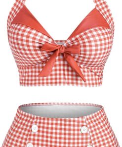 DRESSFO Women's Bikini Set Halter Two Piece High Waisted Swimsuit Plaid Retro Tummy Control Tankini Bathing Suit