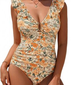 Badeanzug Damen Bauchweg Rüschen V Ausschnitt mit U-förmigem Metallverschluss Swimsuits,Sexy Shaping Mode Blumenmuster Bademode Strandpool
