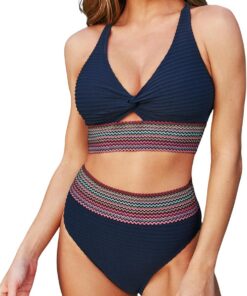 CUPSHE Damen Bikini Set V Ausschnitt Twist Front High Waist Sport | Zweiteiliger Badeanzug Swimsuit, Farbige Wellenmuster, Raffung für Bauchweg, V-Ausschnitt mit Cutout
