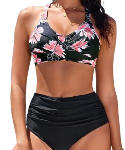 heekpek Damen Zweiteiliger Badeanzug Bauchweg V-Ausschnitt Bikini Damen Set Bademode mit Cross Bikini-Oberteil und Hohe Taille Bikini-Unterteile