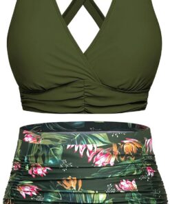 Svanco Bikini Damen Set Bauchweg High Waist Badeanzug Push Up Bademode Lace Up V Ausschnitt Blumenmuster Zweiteiliger Swimsuit mit Bindegürtel