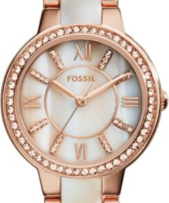 Fossil Virginia Uhr für Damen, Quarzwerk mit Edelstahl- oder Lederarmband, Roségoldton und Perlton mit Glitter, 30MM