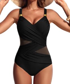 Hanna Nikole Damen Badeanzug Bauchweg,Push up Schwimmanzug Swimsuits Sexy Sheer Mesh Einteiler Bademode,Schlankheits Raffung V-Ausschnitt Monokini