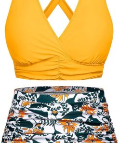 Voqeen Damen Bikini mit hoher Taille Push Up Badeanzug V Ausschnitt überkreuztes Geraffte Badebekleidung mit Bauchansatz Zweiteiliger Bademode