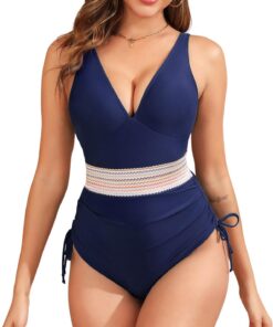 Badeanzug Damen Bauchweg Bademode Damen Sexy V-Ausschnitt One Piece Swimsuits Mit Bügel Swimwear Einfarbig Gestreiftes Design Schlank Machend Und Abnehmend