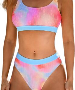 CUPSHE Damen Bikini Set U Ausschnitt Crossback Mid Waist Bikini Regenbogen Knallige Farben Bademode Zweiteiliger Badeanzug Swimsuit