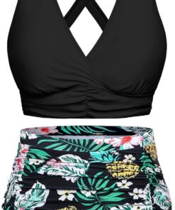 Svanco Bikini Damen Set Bauchweg High Waist Badeanzug Push Up Bademode Lace Up V Ausschnitt Blumenmuster Zweiteiliger Swimsuit mit Bindegürtel