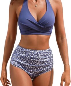 CUPSHE Damen Bikini Set High Waist Neckholder Wickeloptik Blumenmuster