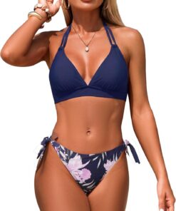 Genfien Damen Bikini Set V Ausschnitt Neckholder Low Waist Schnürung Bademode Zweiteiliger Badeanzug Swimsuit