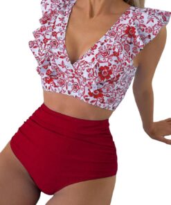 Damen Bikini Set V Ausschnitt Neckholder Wickeloptik High Waist Bikini Bademode Blumenmuster Zweiteiliger Badeanzug Swimsuit mit Rüschen