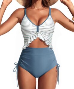 Hanna Nikole Sexy Damen-Einteiler mit Rüschensaum, herausnehmbaren BH-Einlagen, Bauchkontrolle und -formung, verstellbaren Schulterträgern, Cut-Outs, Bauchfalten und verstellbaren Seitenbändern