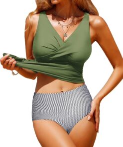 Bikini Badeanzug Damen Bauchweg Tankini Push Up Bikini Set High Waist Bademode Twist Front Zweiteiliger Badeanzüge V Ausschnitt Bikinis für Frauen Swimsuits