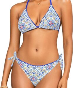 SHEKINI Damen Triangel Schnürschuh Bikini Set Badeanzug Rückenfrei Strandkleidung Boho Bedruckter Zweiteiliger Bademode