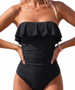 Holipick Badeanzug für Damen, trägerlos, einteilig, mit Bauchkontrolle, Bandeau-Stil, Rüschen und figurformender Bademode | Rüschendetails, Bauchkontrolle, abnehmbare Träger, Bandeau, süßer Look für Strand, Pool, Resort, Kreuzfahrt