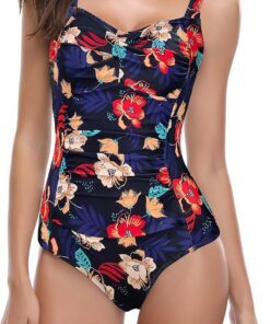 SHEKINI Damen Einteilige Badeanzug Retro Schlankheits Ruched Bauchweg Bademode Halter Große Größe Modest Badeanzüge für Damen