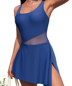 SHEKINI Einteiliger Badeanzug für Damen Elegant Bauchweg Badeanzugkleid mit Split Seitlicher Knoten Schwimmanzug Mesh Badekleid Bademode Sommer Swimsuit