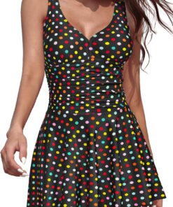 SHEKINI Damen Einteiliger Badeanzug Badeanzugkleid V-Ausschnitt Schwimmkleid Elegant Retro Bauchweg Ruched Bauchkontrolle Rückenfrei Strandbadeanzug