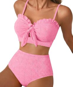 Dokotoo Bikini Damen Set Push Up Sexy Knoten Bikinis High Waist Bauchweg Muschel Textur Bademode Zweiteiliger Badeanzug S-XXL