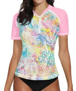 BesserBay UV Shirt Damen mit Reißverschluss Schwimmshirt Kurzarm Rashguard Women Atmungsaktiv UV-Schutz Badeshirt S-XXL