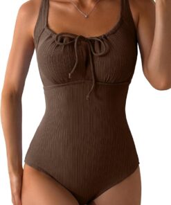 Dokotoo Damen Badeanzug Sexy Knoten vorne Bademode Bauchweg Texturiert Einteilige Strandmode Swimsuit S-XXL