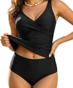 YNIQUE Damen Tankini Badeanzüge Set V Ausschnitt Raffung Bademode Bauchweg | Damen Tankini Set mit V-Ausschnitt, Wickeloptik Crossover, Raffung und High Waist Bauchweg am Strand Bikini