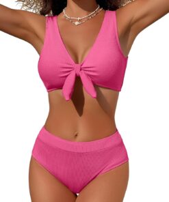 Svanco Damen Bikini Set Bauchweg High Waist Zweiteiler Bademode mit Knoten Detail Texturiert Curvy Bikinis Push up Badebekleidung