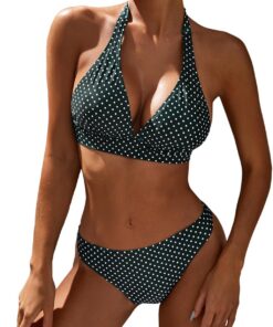 Damen-Bikini, mittelhoch, Neckholder, V-Ausschnitt, Push-Up-Front, klassisch, gepunktet, zwei Badeanzug