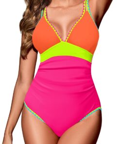 Zilcremo Badeanzug Damen Bauchweg V-Ausschnitt Bademode | Color-Blocking,Raffungen,mit Verstellbaren Trägern,Mittlere Bedeckung,Gekreuzte Rückenträger, Für Strand und Pool