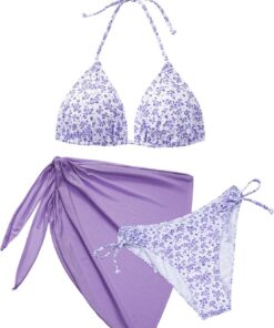 Svanco Cute Bikini Damen Set 3 Teilig mit Blumenmuster - Triangle Neckholder Oberteil, Unterteil Seitlicher Schnürung und Wrap Rock