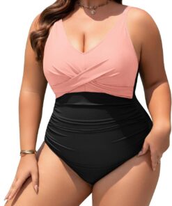 UMIPUBO Badeanzug Damen Große Größe Bauchweg Push Up V Ausschnitt Einteiliger Bademode Rüschen Badebekleidung One Piece Swimsuit mit Bügel Swimwear