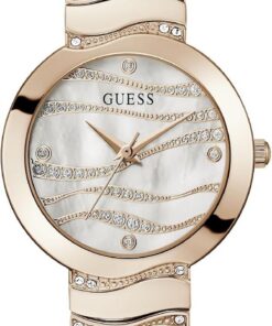 Guess Damenuhr, 30 mm, Armband aus Edelstahl in Roségold, weißes Zifferblatt, Gehäuse in Roségold