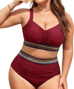 Damen Bikini Set Große Größen Twist-Kreuz Push Up Oberteil High Waist Hose Bauchweg Deckend mit Verstellbare Träger Bademode für Curvy Strandmode