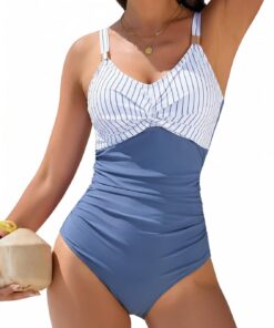 Nadeer Badeanzug Damen Shape Bauchweg Einteilige Bademode Rüschen Figurformend Twist Front mit Gold Metall Swimsuit Mit Cups für Strand Pool