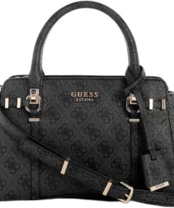 GUESS Handtasche Umhängetasche Leona Logo Multi Compartment Satchel Coal Logo dunkelgrau