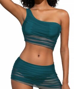 Damen Asymmetrische Bikini Sets Eine Schulter Rüschen Mesh Mid Rise Rock Bottoms Zweiteiliger Badeanzug