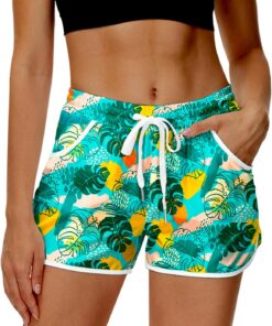 Damen Badehose Sommer Badeshorts High Waist Boardshorts mit Bund und Taschen