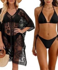 Damen Bikini-Set mit Überwurf, Strandkleid Damen Bademode, Spitzen-Strandüberwurf, Durchbrochenes Badeanzug-Überwurf-Set, Badebekleidung Cover-up