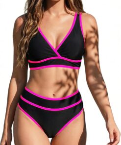 Zweiteiliger Damen Bikini Set, Farbblock Bauchweg Badeanzug Sport Bikini-Sets High Waist Bademode Push Up