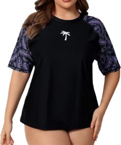 Halcurt UV Shirt Damen mit BH Übergröße Kurzarm UPF 50+ Rash Guard 1X-4X | Sonnenschutz Schwimmshirt, Atmungsaktiv, Schnell Trocknend, Nur Schwimmoberteil, Raglan Ärmel, Lockere Passform