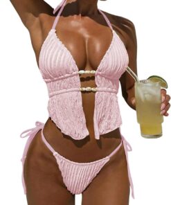 Bikini-Set für Damen mit V-Ausschnitt Triangel Oberteil Badeanzüge Slip Verstellbare Schnürung Badeanzug Niedriger Taille Zweiteiliger Badeanzug(Mehrfarbig,S-L)