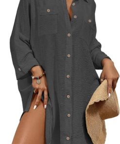 Bsubseach Damen Button Down Strandkleid V-Ausschnitt Badeanzug Resort Wear