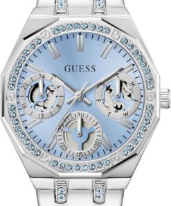 Guess Quinn Damen Armbanduhr, Edelstahl, 36 mm, Edelstahlarmband, Silber, 5 bar, Zifferblatt: Blau, Datumsanzeige, GW1009L1