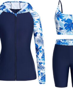Owntop Damen 3-teiliger Rash Guard | UPF50+ Badeanzüge Kapuzen UV-Shirt | Langarm Reißverschluss Rashguard Shirts & Bikini Top & Hochtaillierte Boyshorts | Schwimmen Surfen Bescheidene Badebekleidung