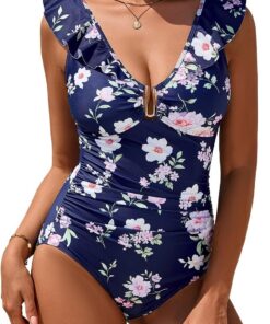 Badeanzug Damen Bauchweg Rüschen V Ausschnitt mit U-förmigem Metallverschluss Swimsuits,Sexy Shaping Mode Blumenmuster Bademode Strandpool